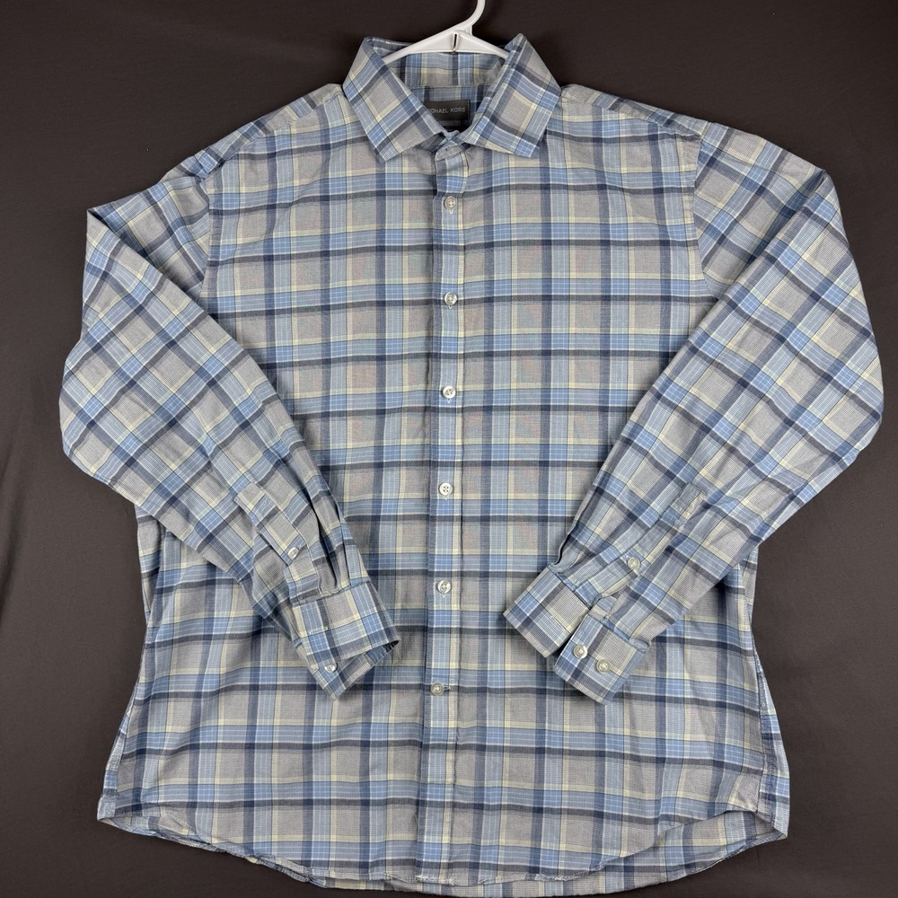 Michael Kors Slim Fit Stretch Plaid Dress Shirt Blue Gray Yellow 17 34/35 XL